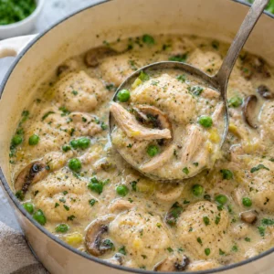 Chicken and Dumplings with Leeks, Mushrooms and Peas