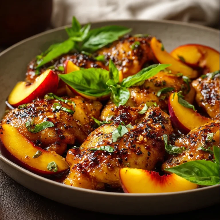 One Pan Hot Honey Peach Basil Glazed Chicken